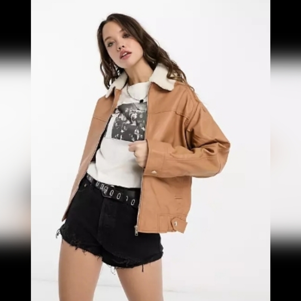 Real leather jacket in camel with faux sherling collar NWT